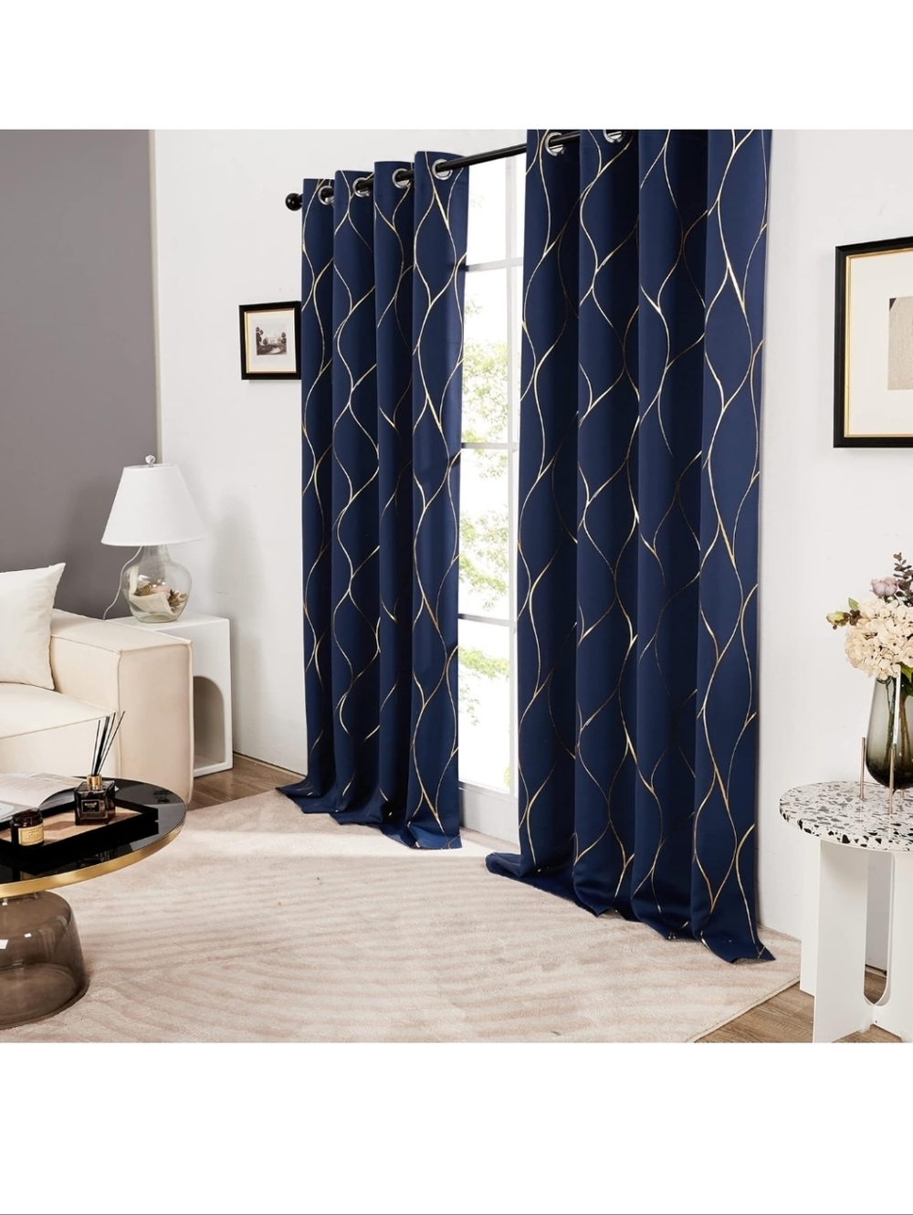 Deconovo Gold And Navy Wave Print Blackout Curtains Set (2 Panels)